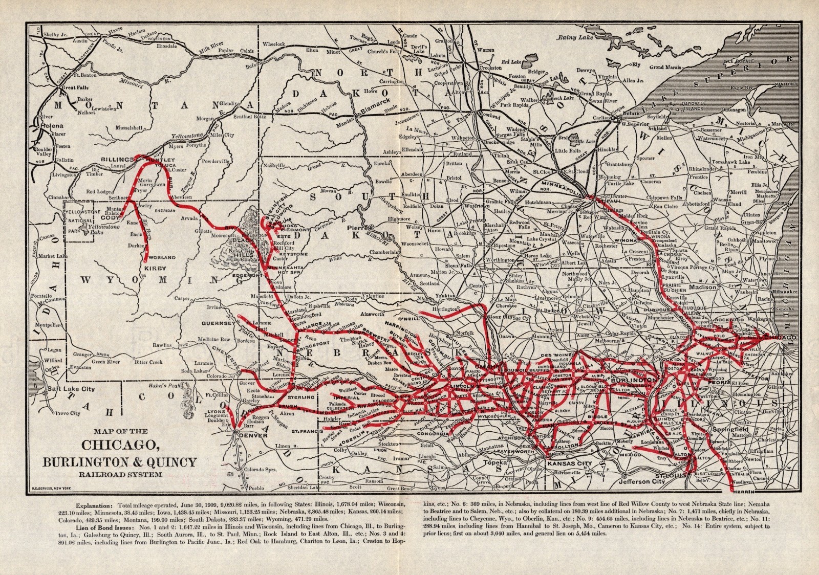 1910 Chicago Burlington & Quincy Railroad System Map Vintage Railway Map 2652