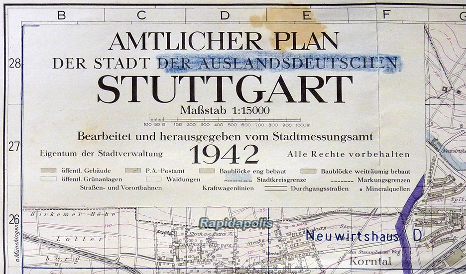 Original Official 1942 German CITY GOVERNMENT MAP OF STUTTGART ~ very rare