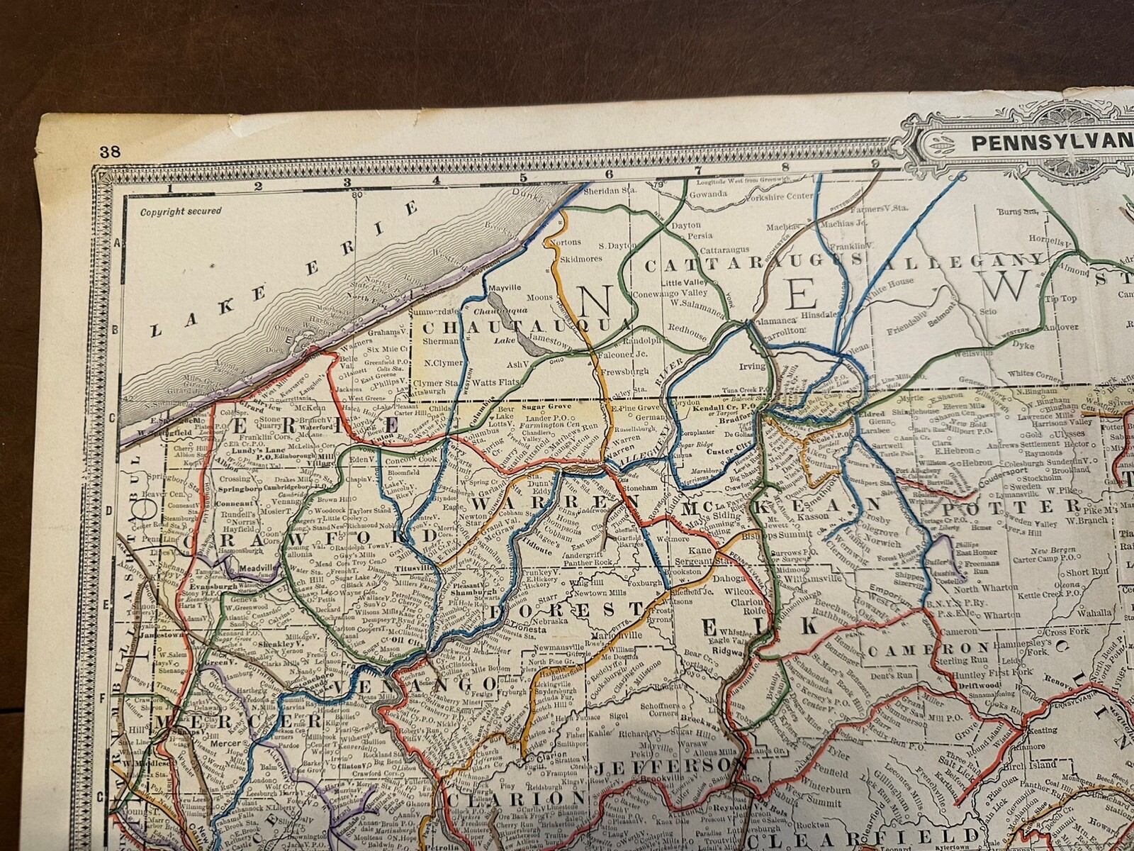 Antique, Original Railroad Map of Pennsylvania , A.A. Grant, 1887