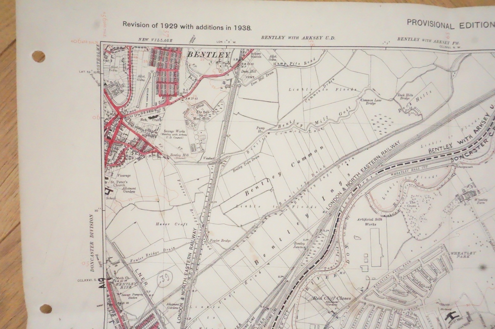 1938 Bentley Wheatley Yorkshire LNER Railway OS Linen Map Ref 44 *