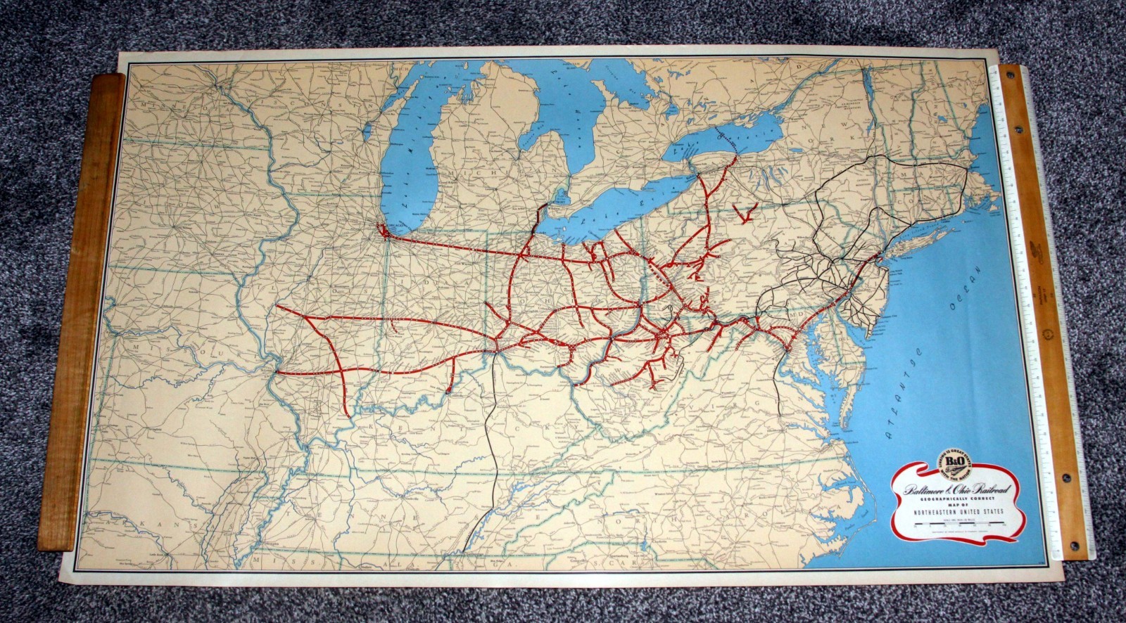 LARGE, 1944 GEOGRAPHICALLY CORRECT, BALTIMORE & OHIO RR MAP, NORTHEASTERN USA!