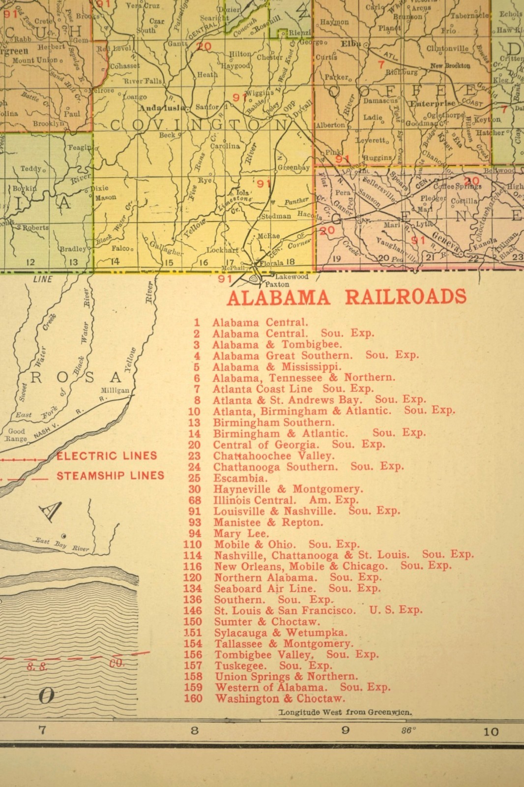 1911 Antique Alabama Railroad Map ORIGINAL Atlas Map Southern Railway DATED