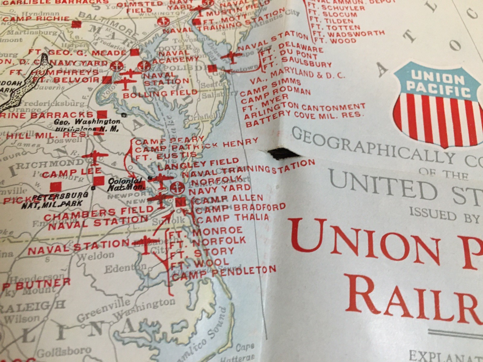 1942 WWII Union Pacific Railroad Military Folding Map of the United States