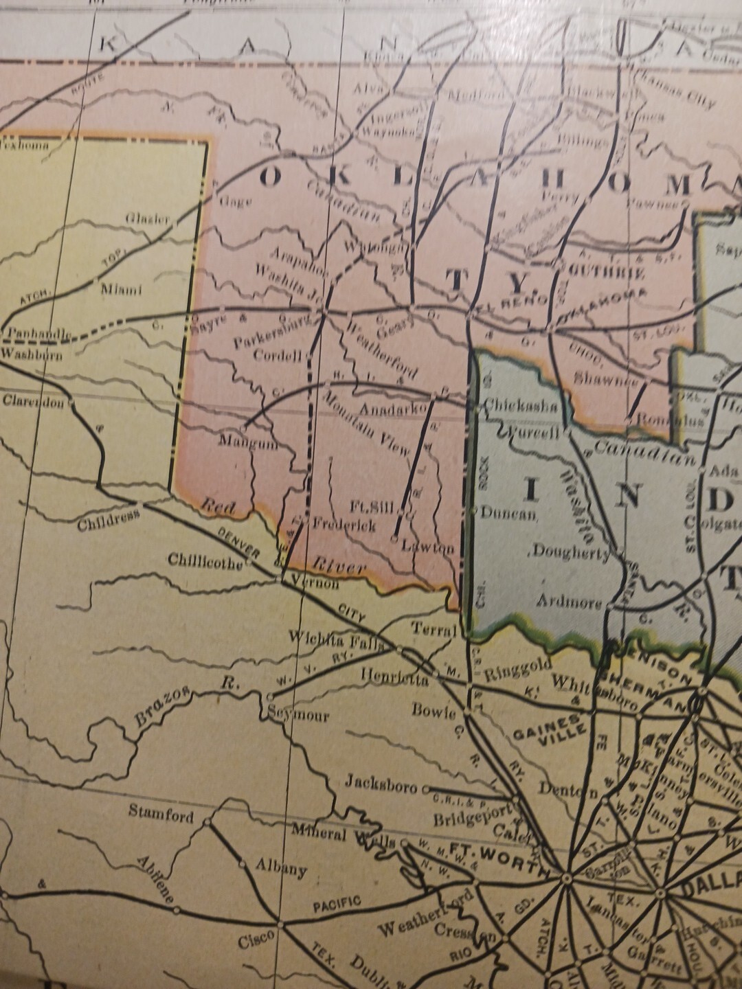 1902 Train Route Map INDIAN TERRITORY TEXAS OK Railroad Lines Stations 11″×9″