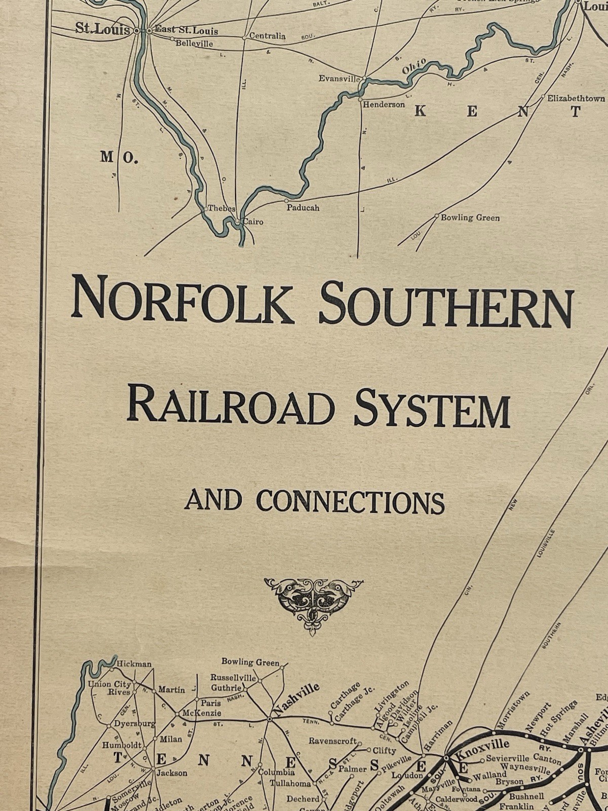Antique c. 1940s Norfolk Southern Railroad System Track Wall Map Dixie Air Line