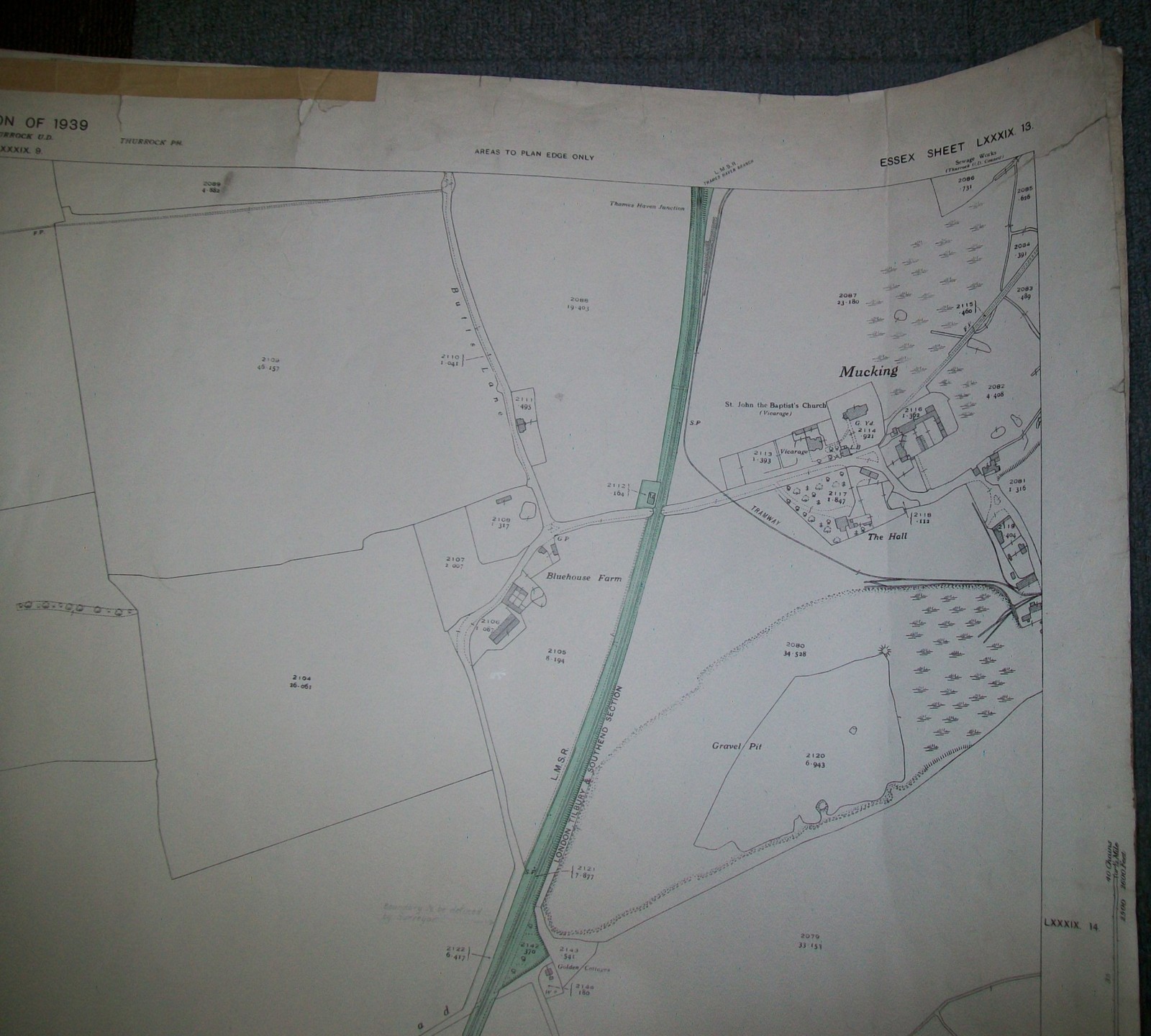 MUCKING ESSEX ORDNANCE SURVEY MAP LTSR LMSR WALTON’S HALL 1947 (1939 REVISION)