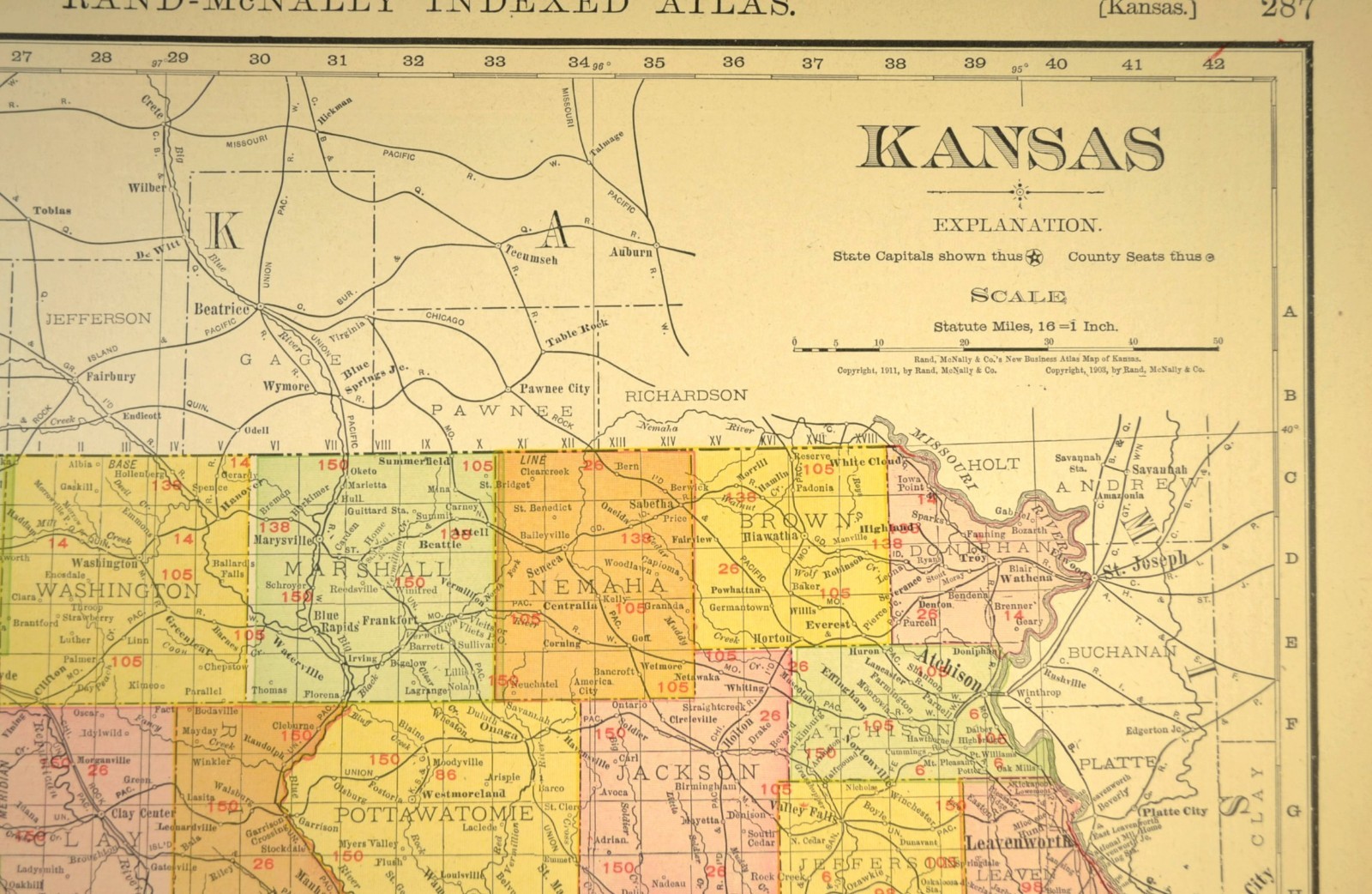 1911 Antique Kansas Railroad Map ORIGINAL Atlas Map DATED