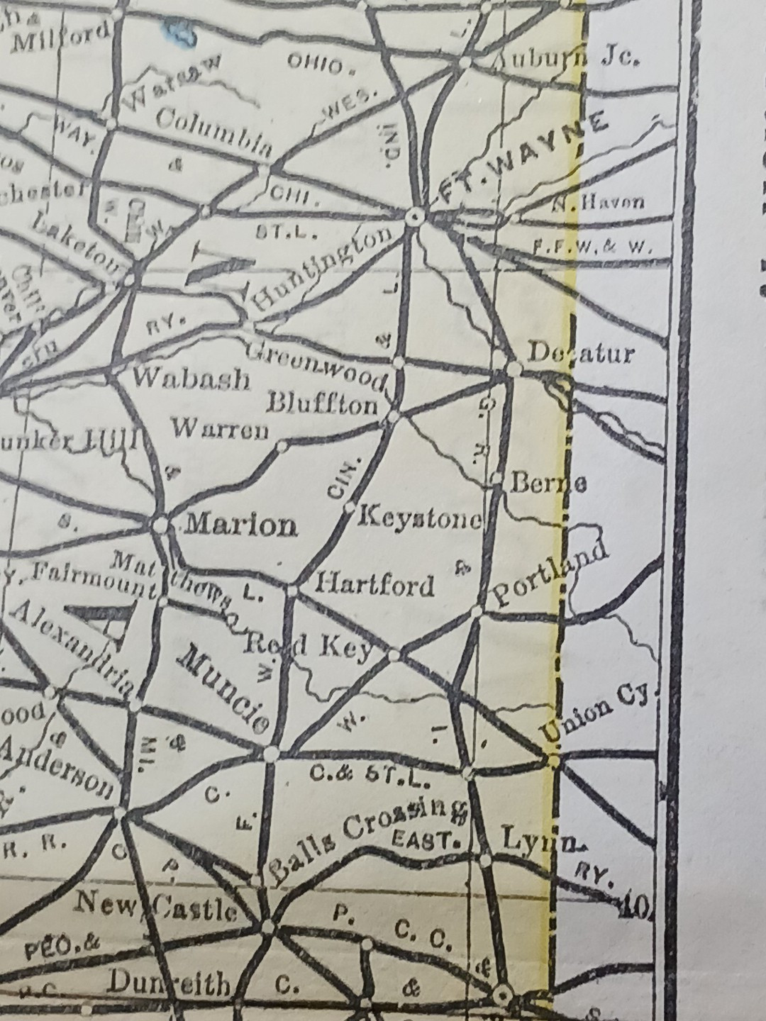 ~ 1897 Train Route Map ILLINOIS & INDIANA ☆ all Railroad Lines & Stations 9×11″