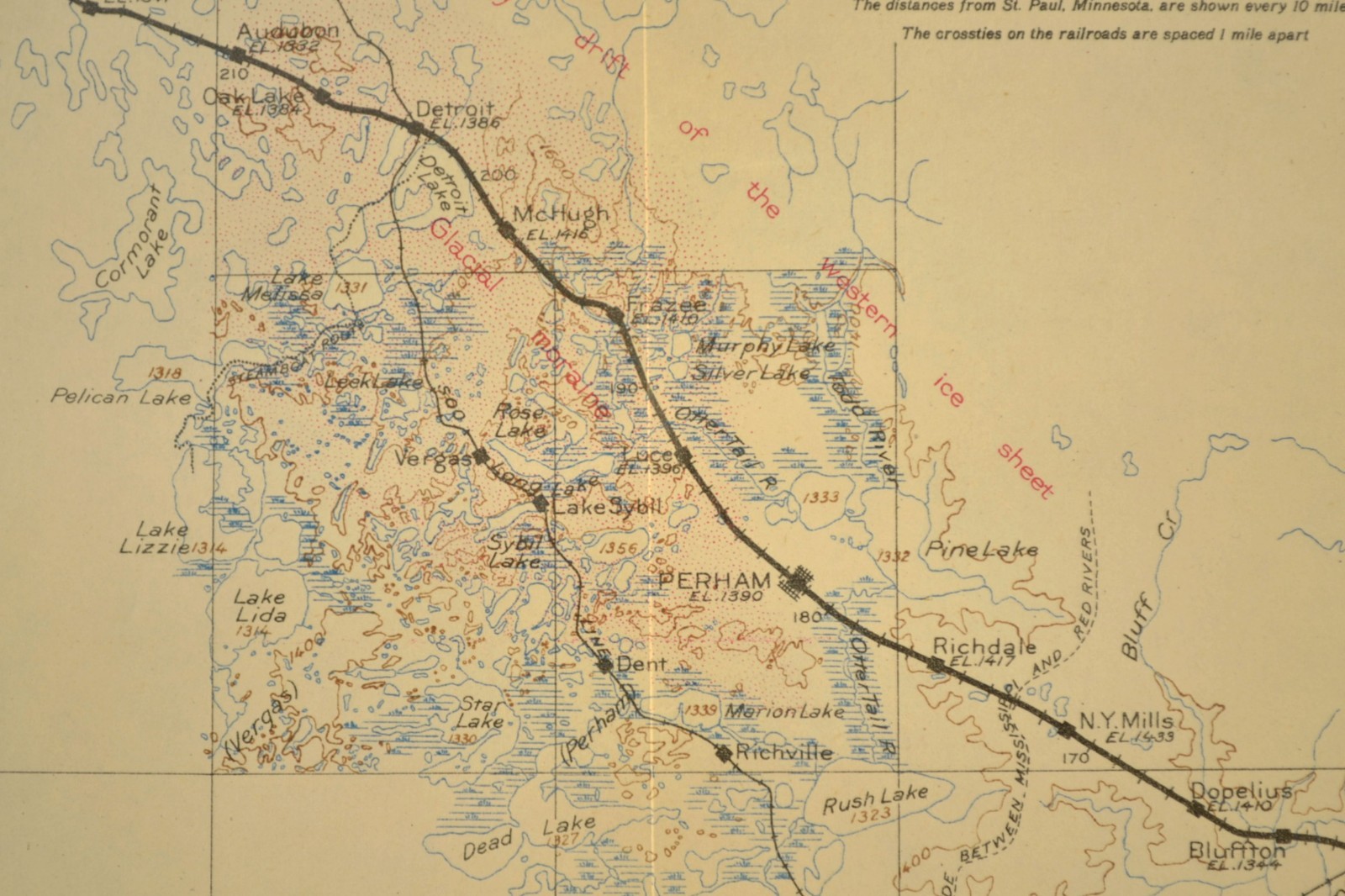 Antique Northern Pacific Railroad Map Detroit Lakes Minnesota Perham Wadena