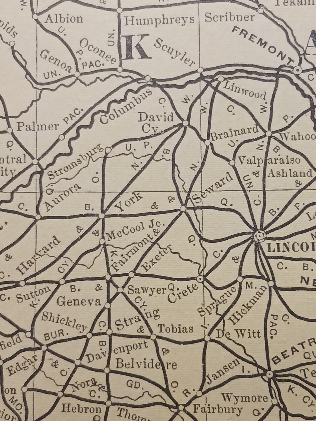 1902 Train Route Map NEBRASKA KANSAS All Railroad Lines Stations 11″×9″ Dated