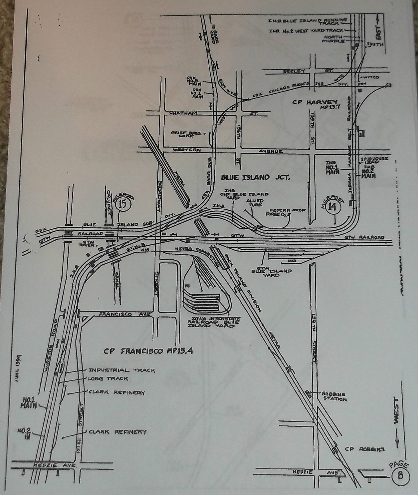REPRO INDIANA HARBOR BELT IHB 1994 DISPATCHERS TRACK CHART CP UP NS EJ&E IC GTW
