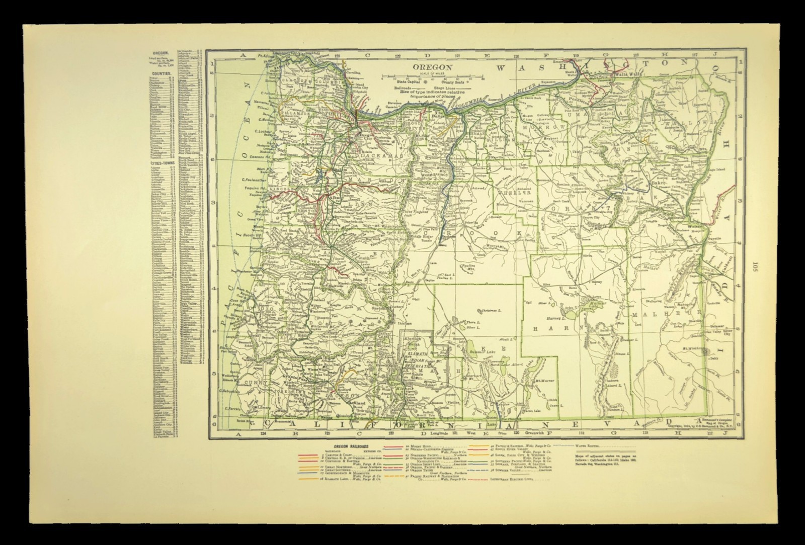 1914 Antique Map of OREGON Railroads Map ORIGINAL Atlas Map OWR&N RR DATED