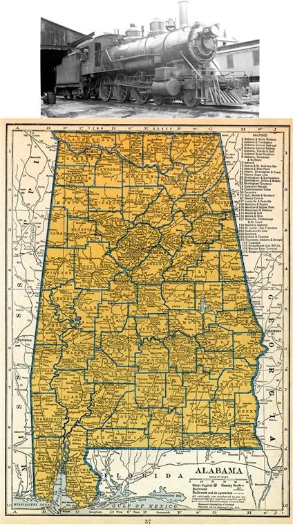 A 1939 ALABAMA RAILROAD MAP SHOWS ALL RR DEPOTS TOWNS + AT&N RR PRINT HISTORY