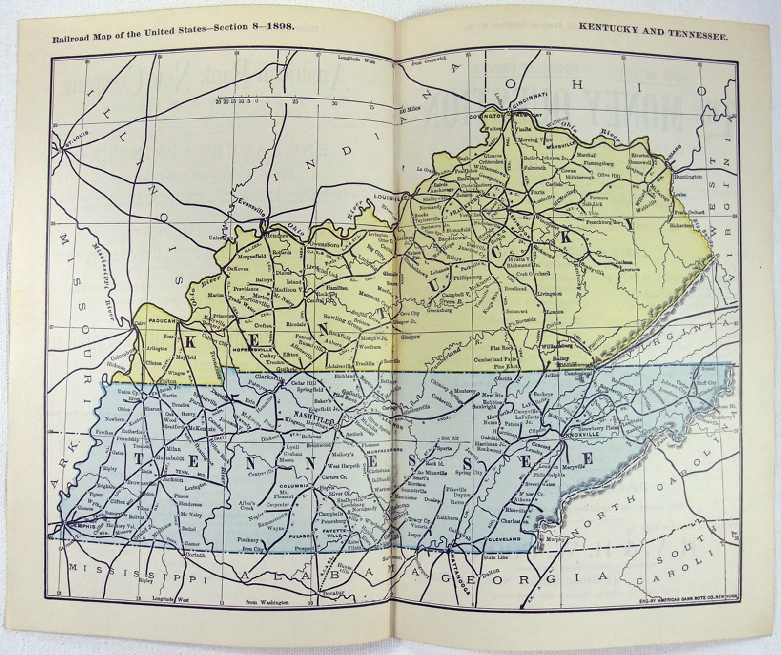 Original 1898 Railroad Map of Kentucky & Tennessee. Antique