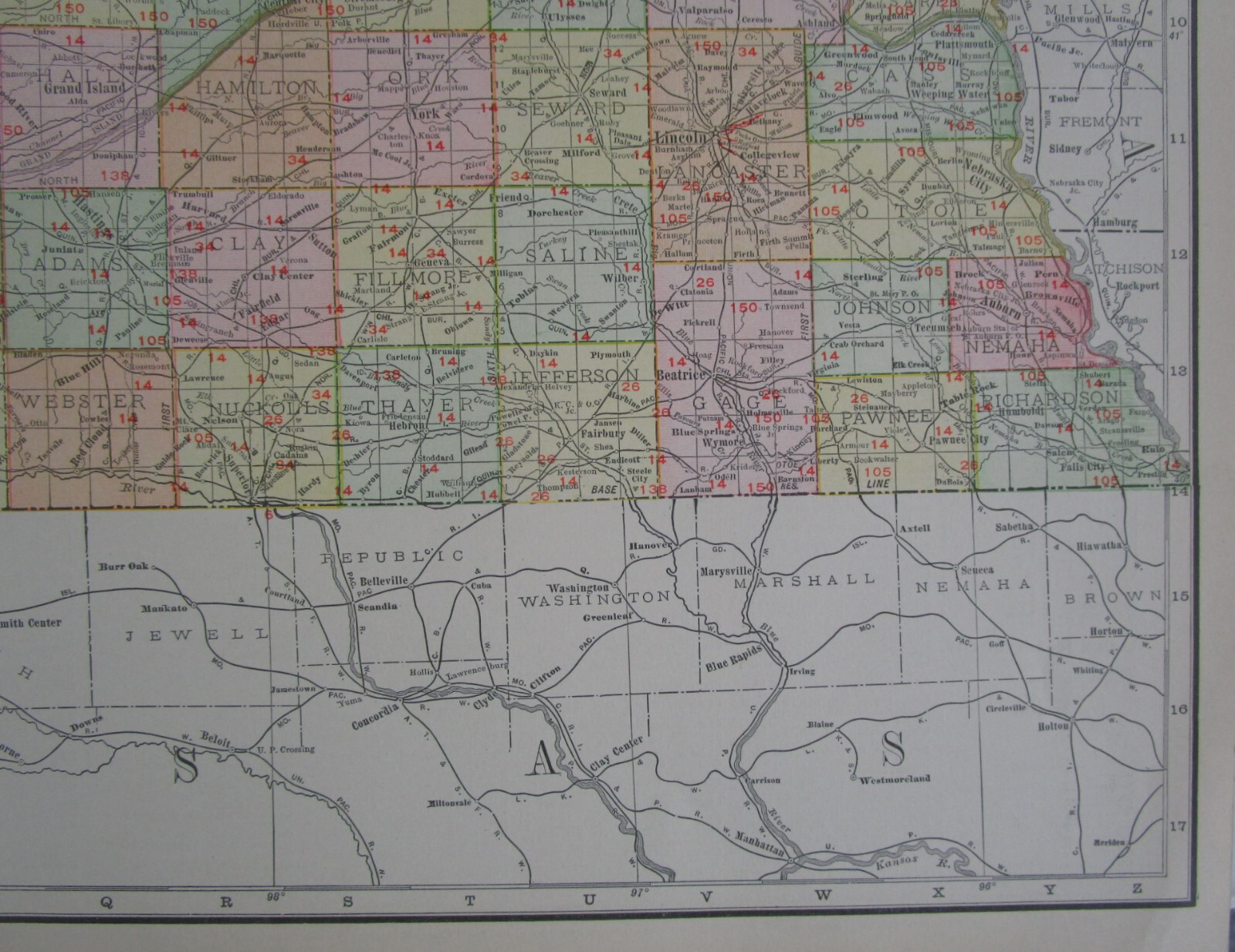 NE ANTIQUE 1912 DATED NEBRASKA RAILROAD Map. ST JOSEPH & GRAND ISLAND RR, ATSF
