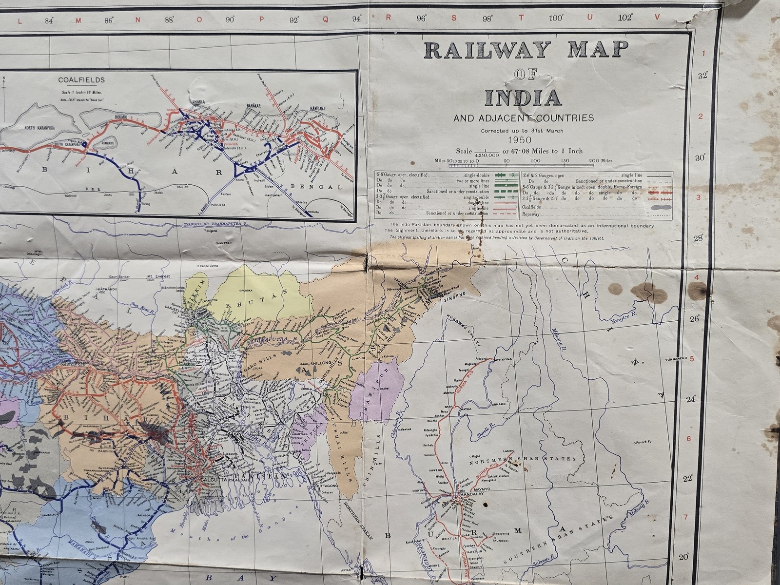 Vintage 1950s Railway Map of India Delhi Madras Calcutta Coalfields 42×32