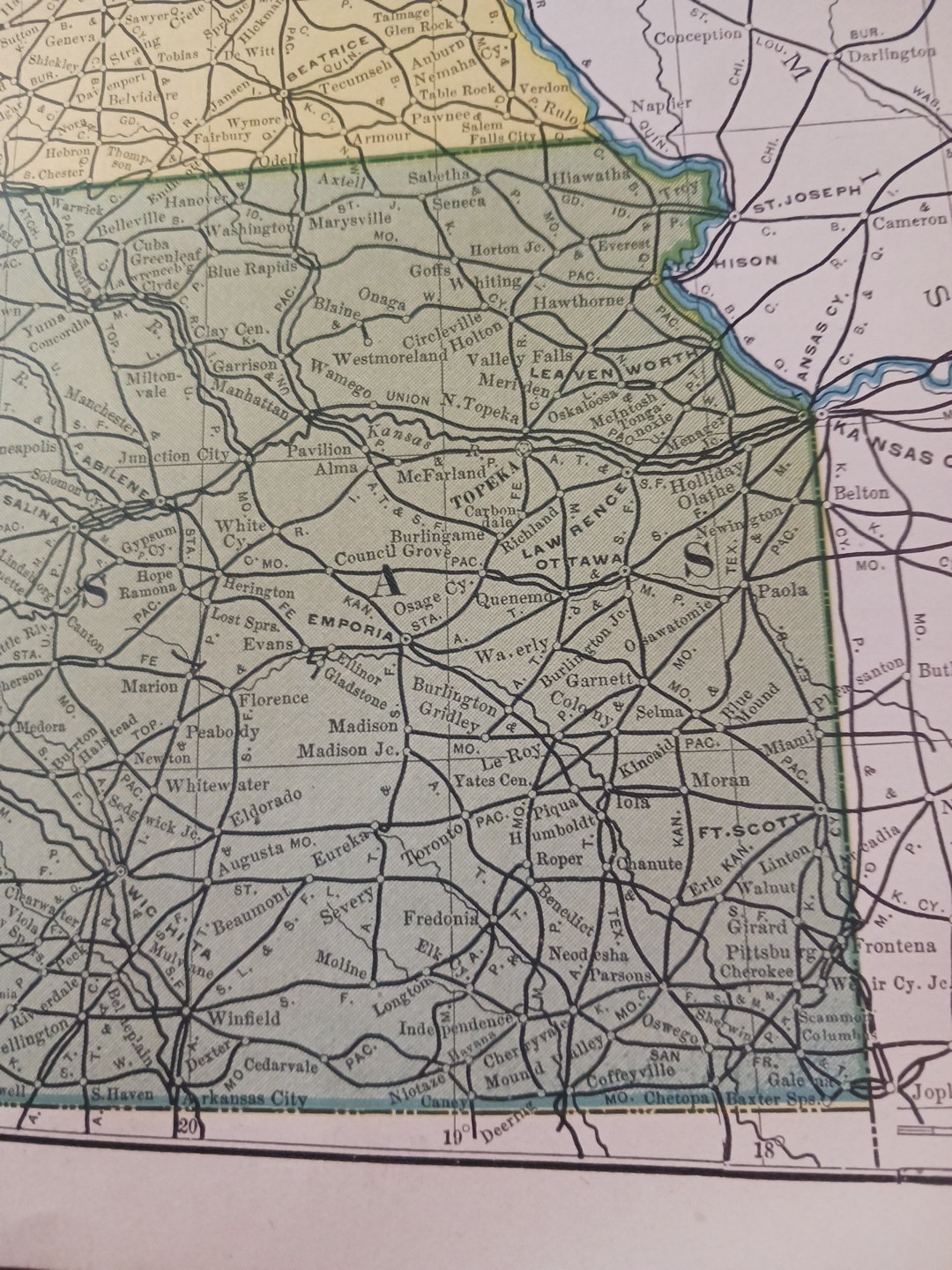 1905 Dated Train Route Map NEBRASKA & KANSAS all Railroad Lines marked 11″x9″