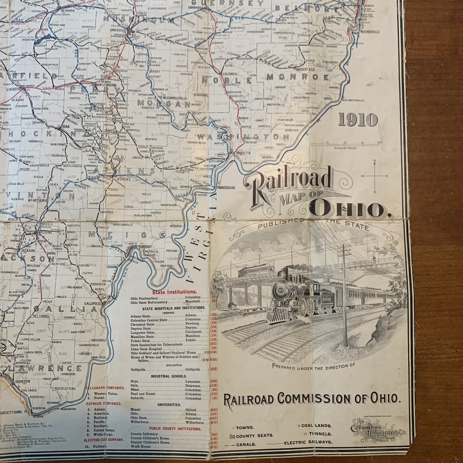 1910 Canvas Railroad Map of Ohio from the Railroad Commission 32 1/2″ x 28 1/2″