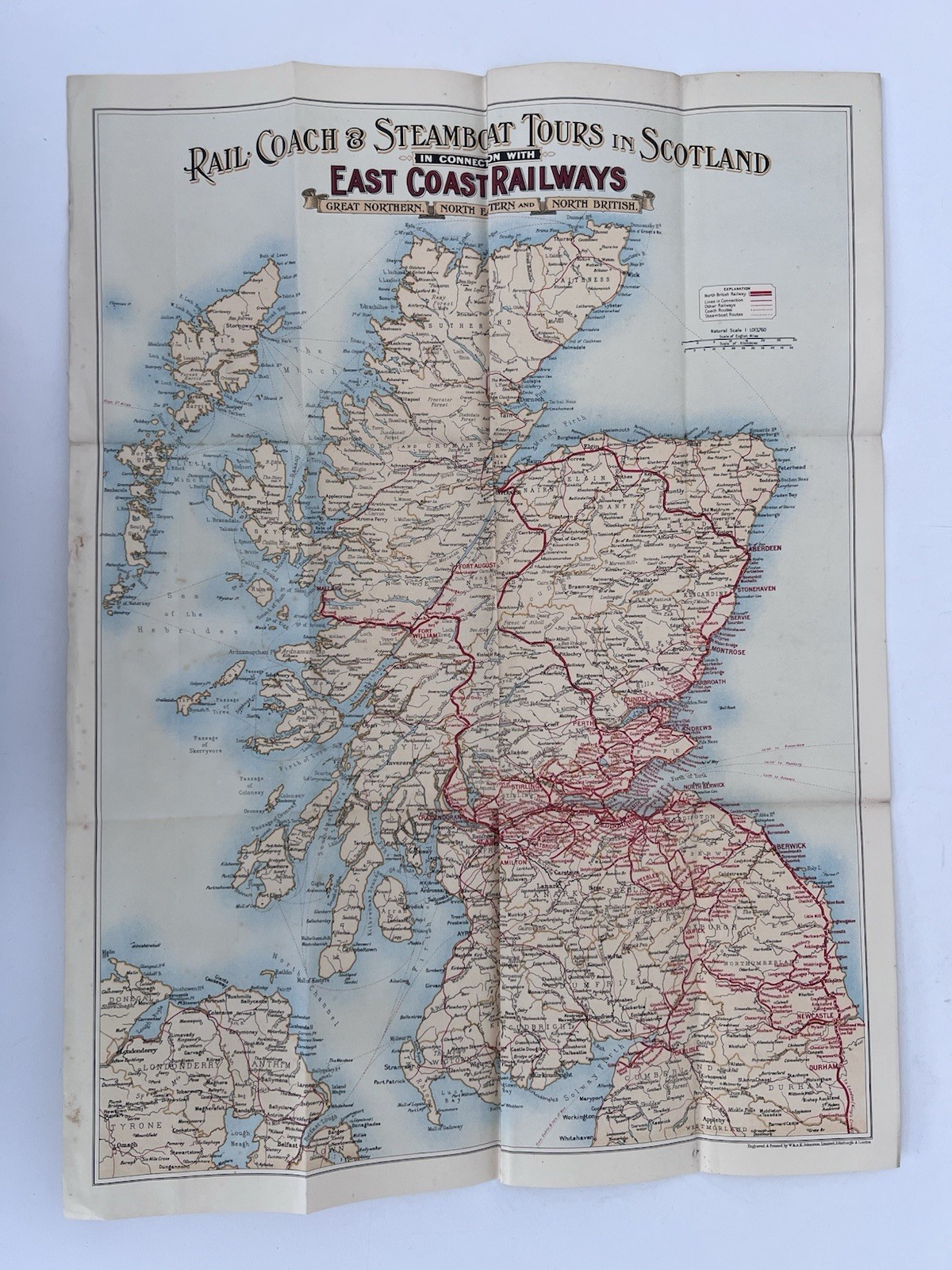 East Coast Railways Map Scotland Rail Coach Steamboat Tours W&A.K Johnston 1910s