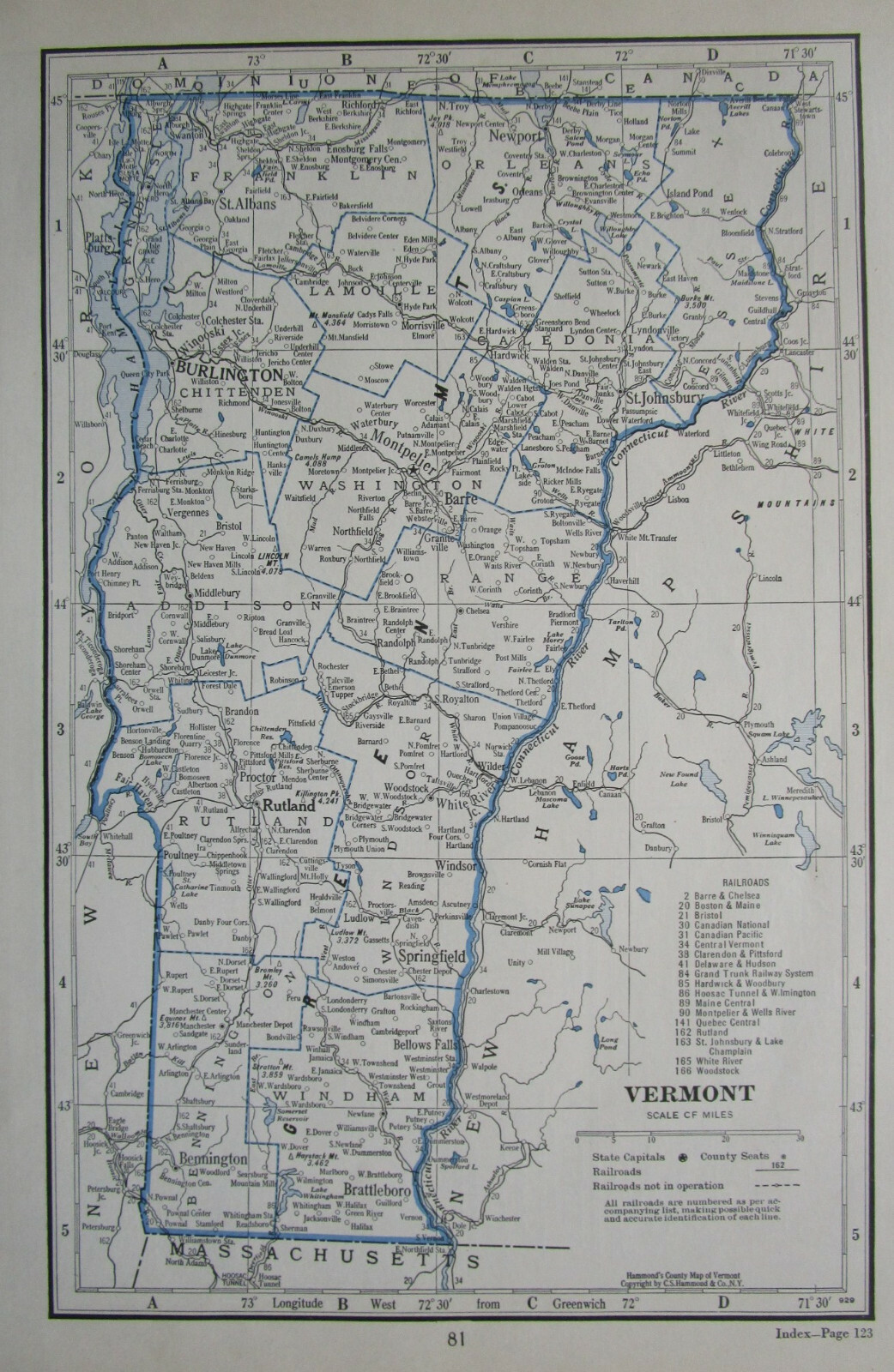 VA VT 1933 VIRGINIA RAILROAD Map WHITE SULPHUR & HUNTERSVILLE RR ~or~ VERMONT