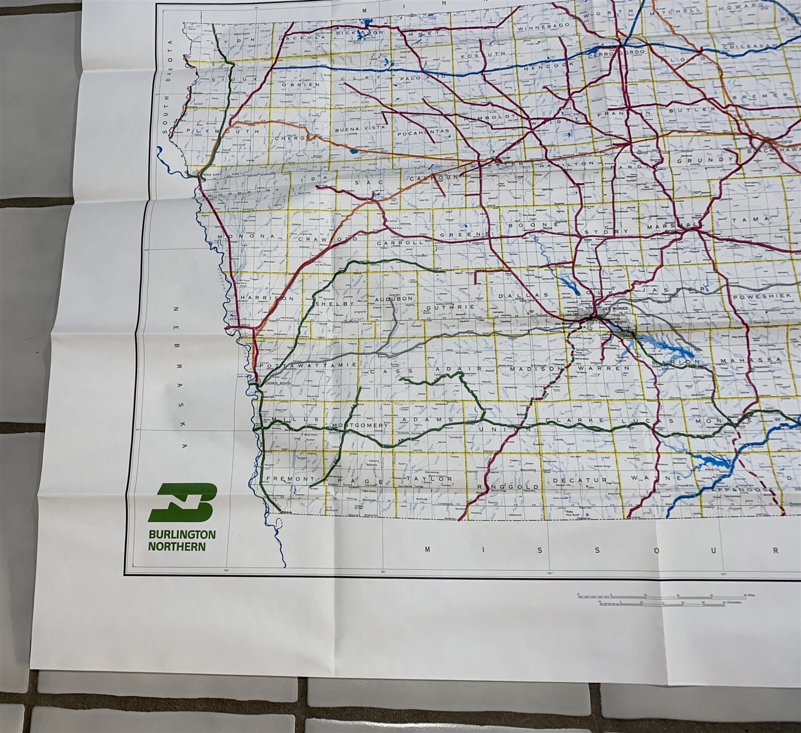 1983 Burlington Northern Railroad Iowa Map 36″ by 25 3/4″