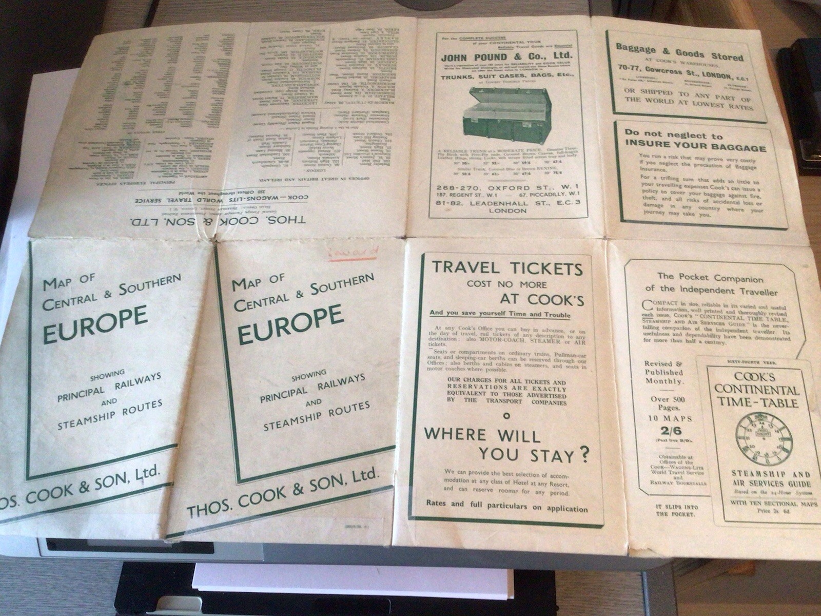Thomas Cook & Son – Map Of Central & Southern Europe – April/May, 1936