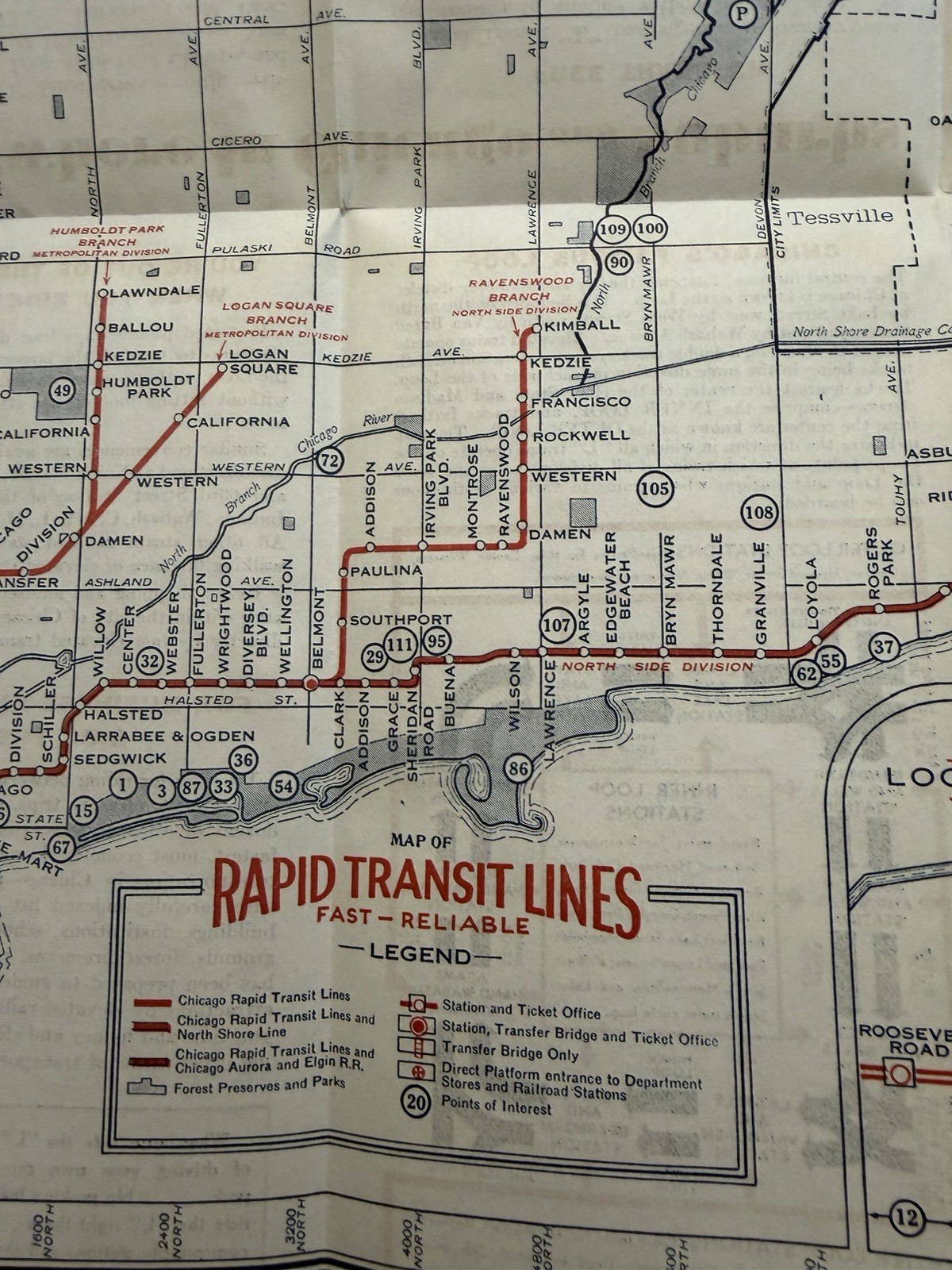 1937 Map of Chicago and Suburbs Rapid Transit “L” Lines Fold-Out Brochure