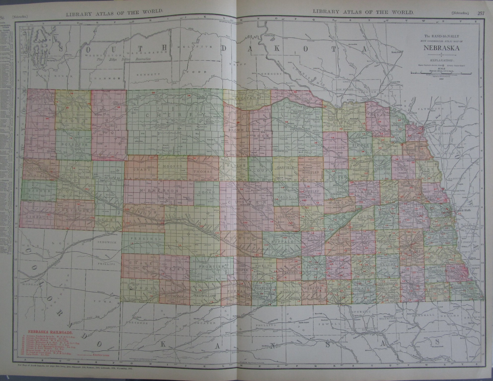NE ANTIQUE 1912 DATED NEBRASKA RAILROAD Map. ST JOSEPH & GRAND ISLAND RR, ATSF