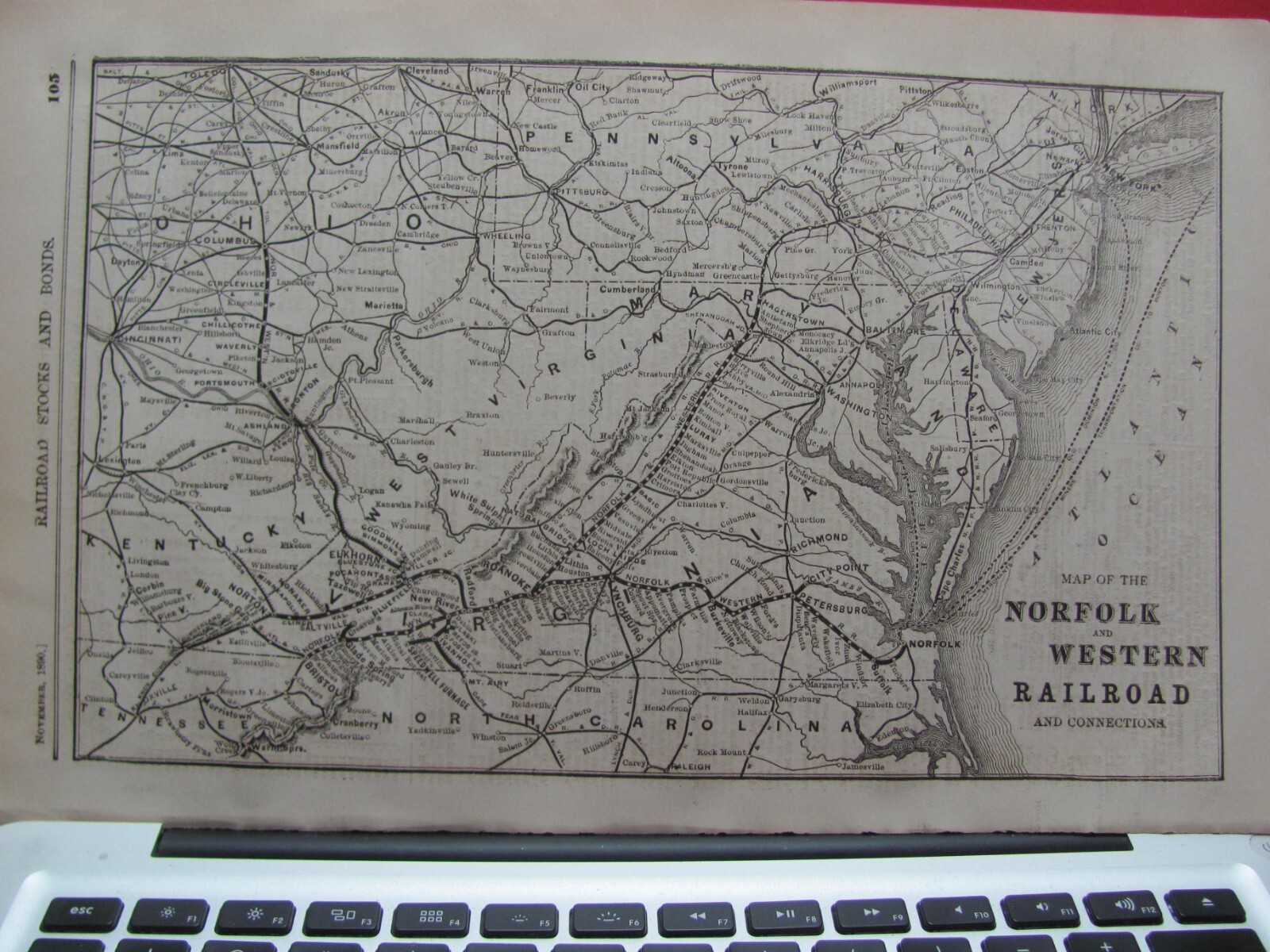 1890 NOV NORFOLK & WESTERN RAILROAD SYSTEM MAP ORIGINAL VA WV KY OH RR’s