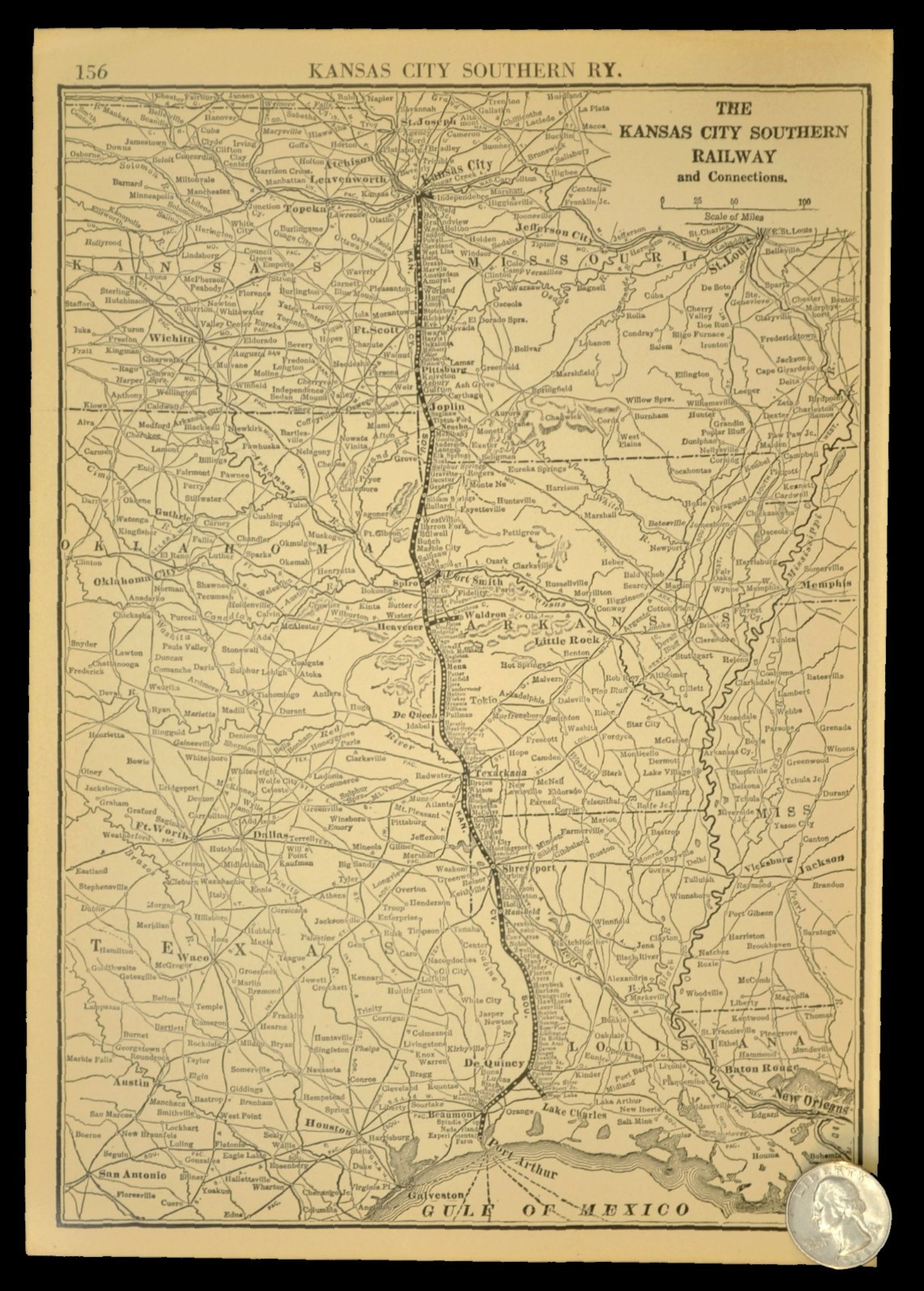 ca 1925 KANSAS CITY SOUTHERN Railway Map KCS Railroad Lines Port Arthur Texas