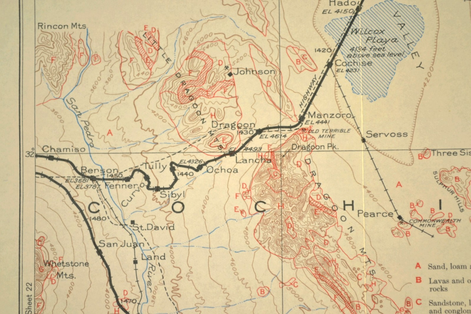 Southern Pacific Railroad Map Douglas Arizona Tombstone Willcox Dragoon Mtns