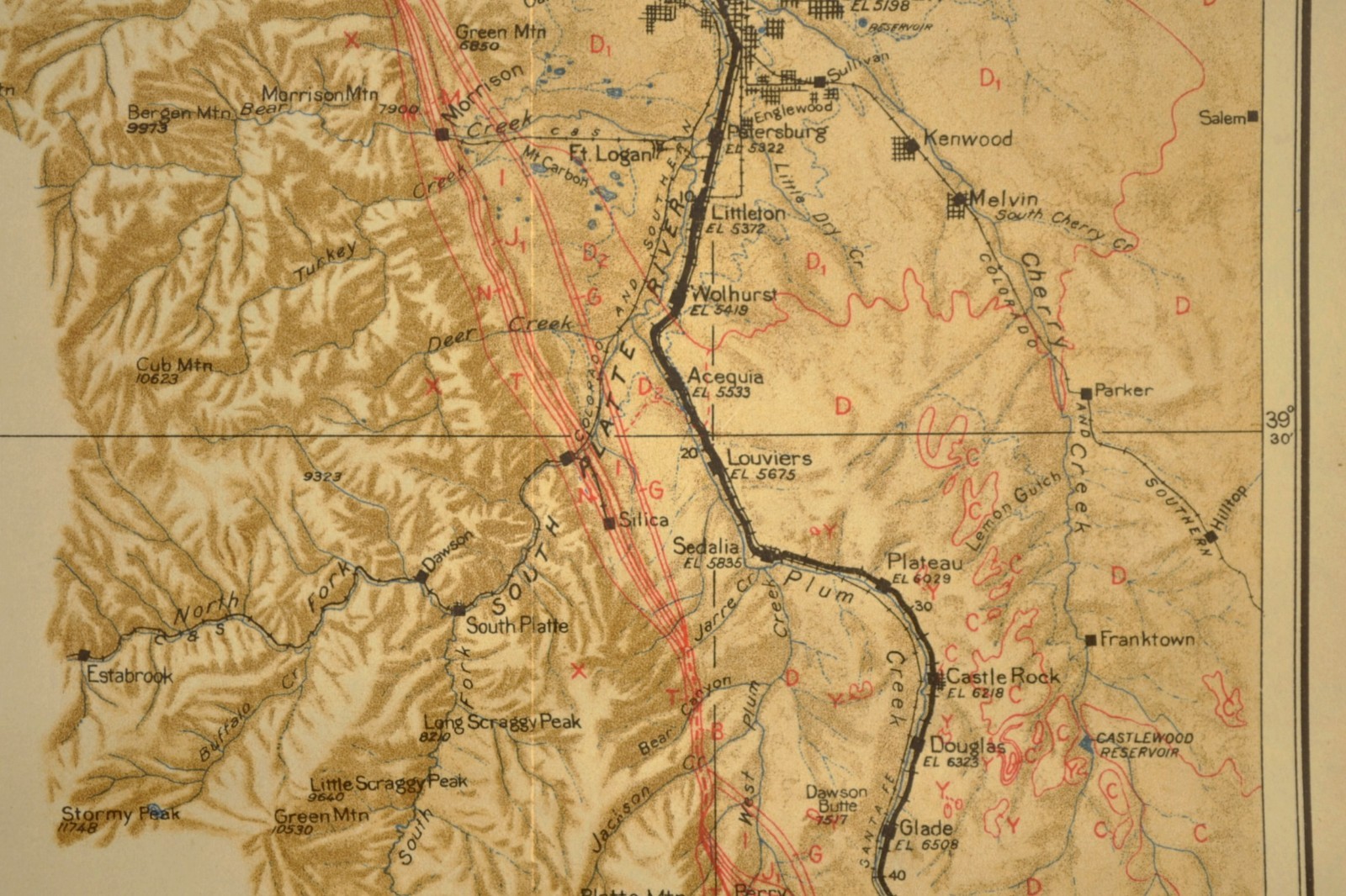 1922 Antique Denver Rio Grande Railroad Map Castle Rock Colorado Parker Husted