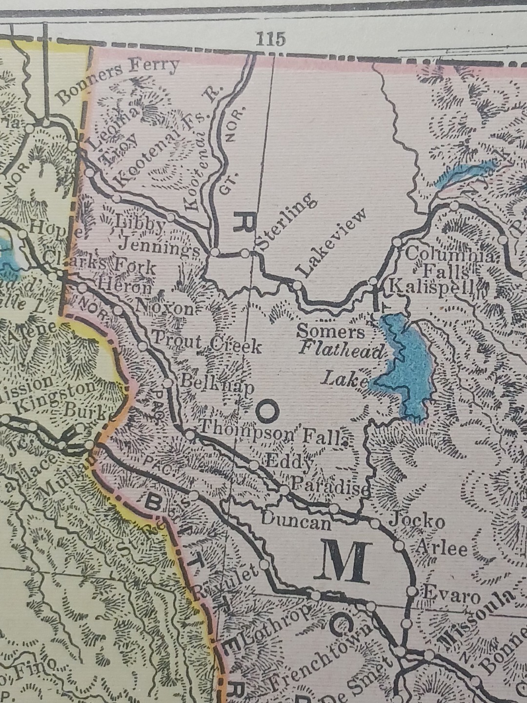 ~1904 Railroad Map MONTANA IDAHO WYOMING All railway Routes Depots 11×9″ vintage