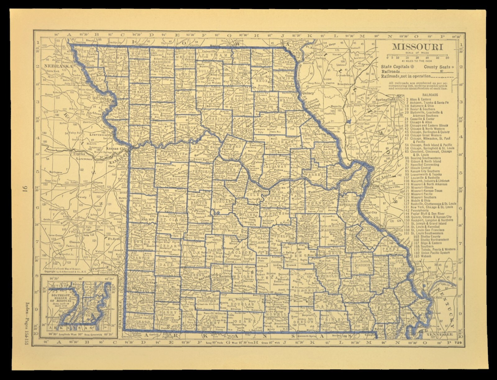 ca 1930 MISSOURI Railroad Map Depot Towns MP RR Mo Pac Historic Atlas Map
