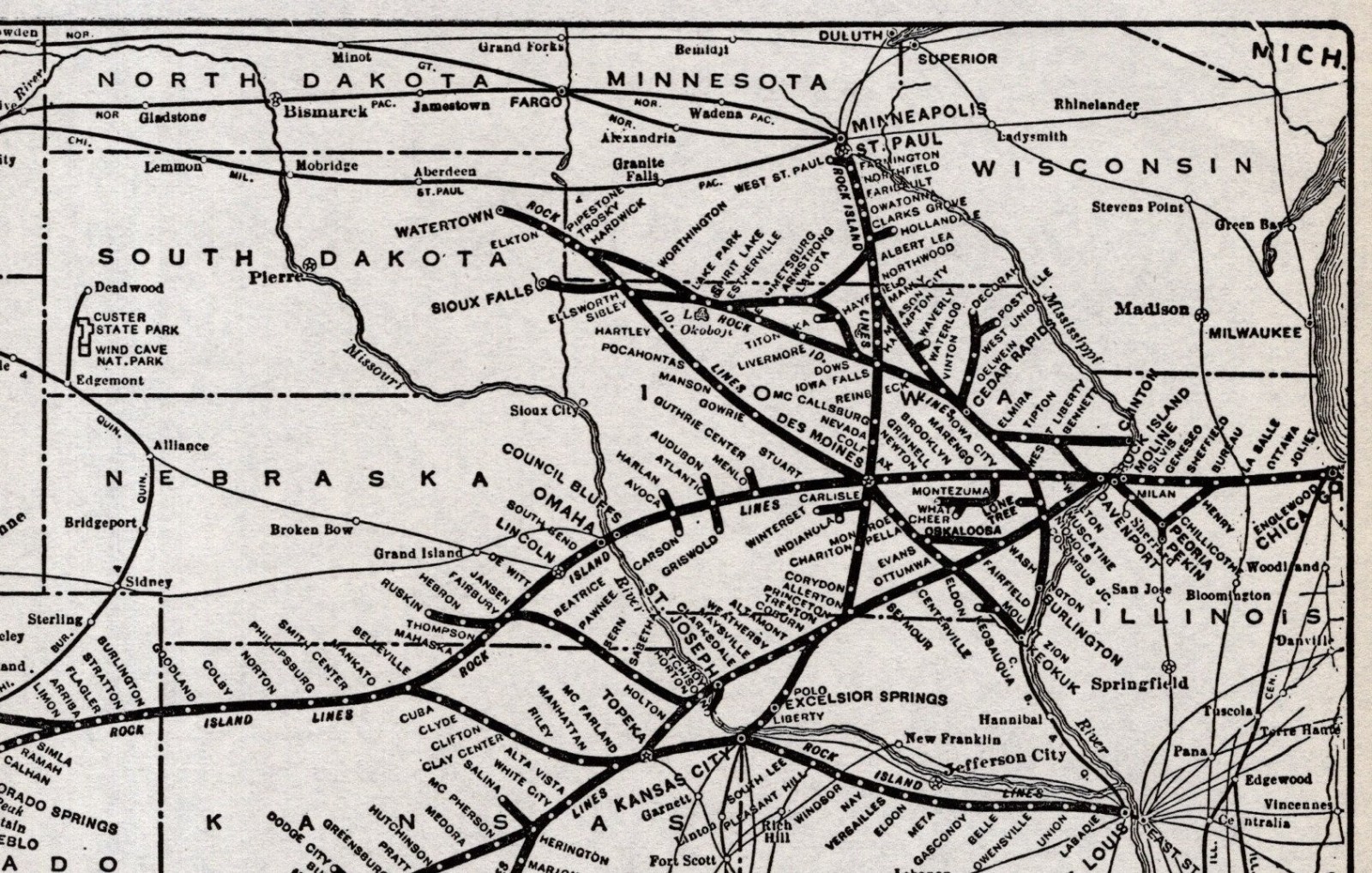 1938 Antique Rock Island Lines Railroad Map Vintage Railway Map 2906