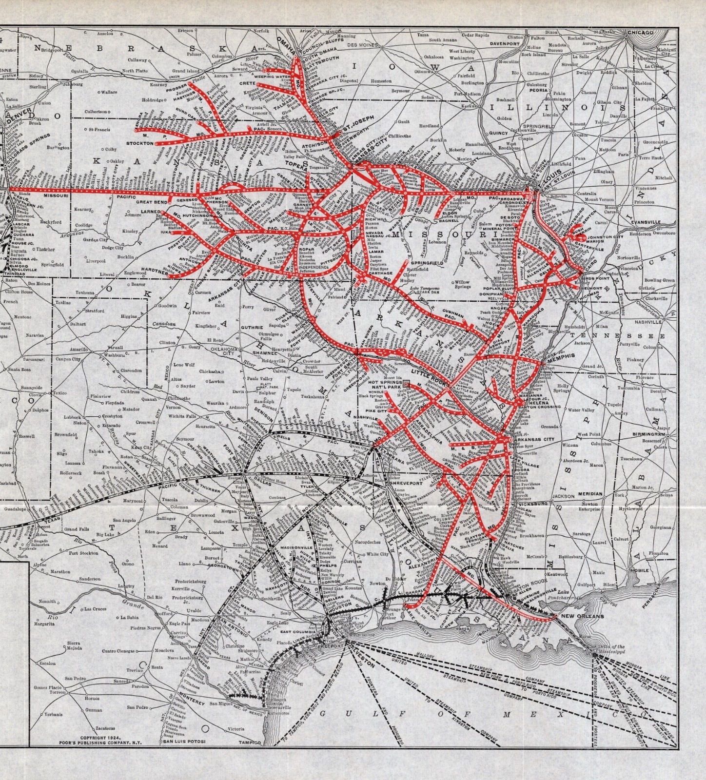 1924 Antique Missouri Pacific Railroad System Map T & P Denver Rio Grande 2515