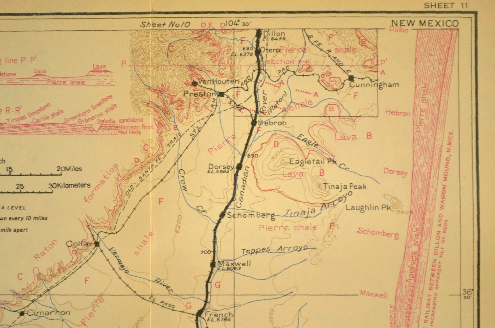 1915 Antique Santa Fe Railroad Map Line Rayado New Mexico Cimarron NM Geological