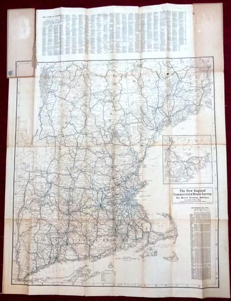 1913 FOLDING RAILROAD MAP NEW ENGLAND COMMERCIAL ROUTE SURVEY 45″x34″ BULLARD Co