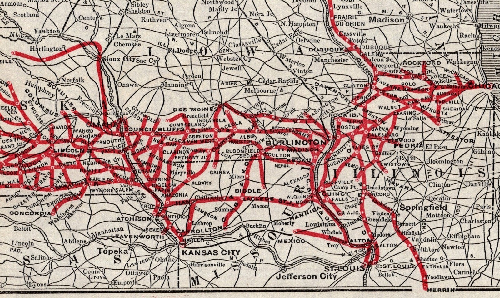 1910 Chicago Burlington & Quincy Railroad System Map Vintage Railway Map 2652