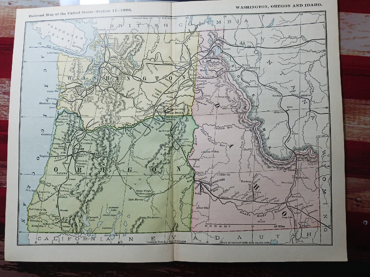 ☆1898 ORIGINAL Railroad Map IDAHO WASHINGTON OREGON All Train Routes 11″x9″