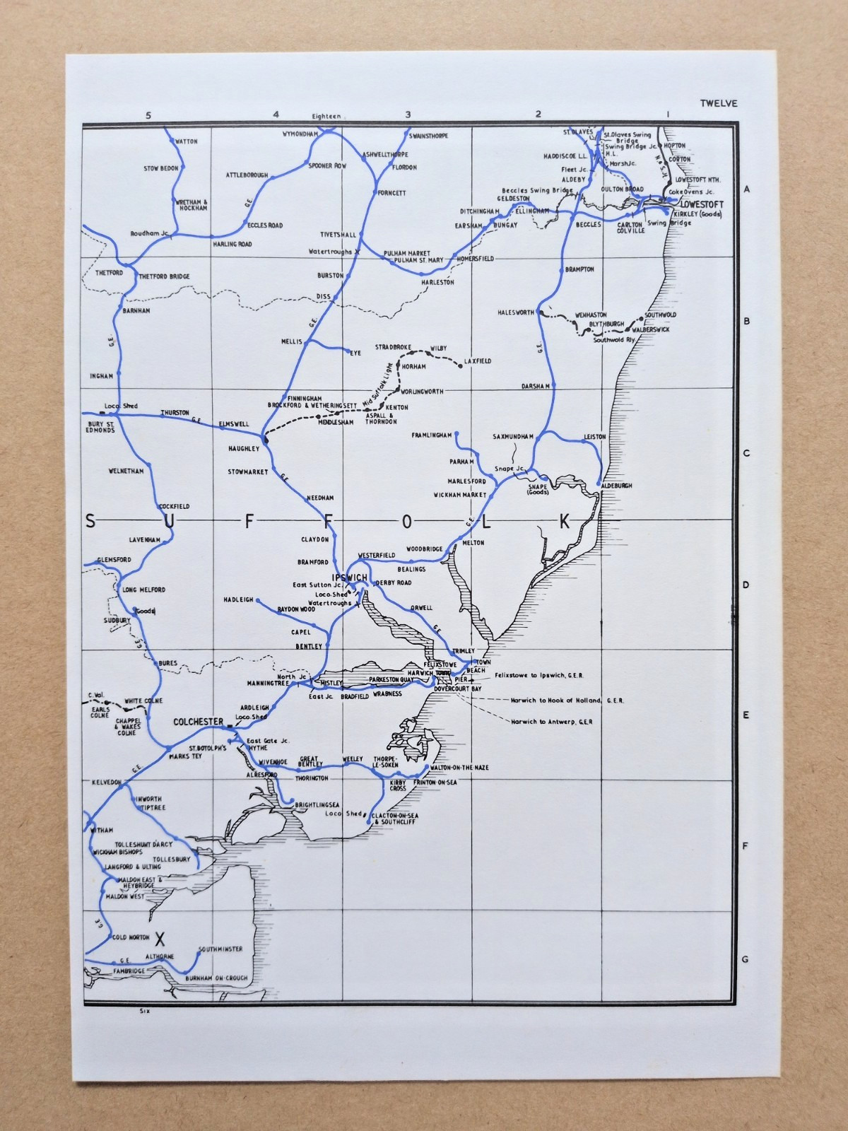 Vintage 1972 map showing Pre Grouping Rail Lines of Suffolk