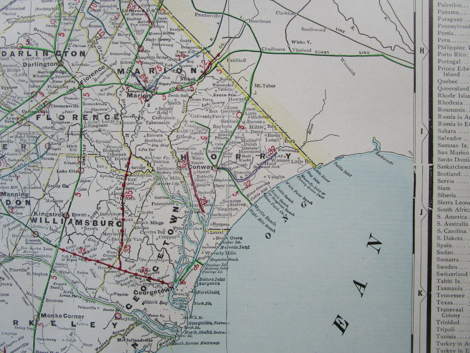 SC 1910 SOUTH CAROLINA Cram INTERURBAN + STEAM RAILROADs Map. EDGEMOOR MANETTA