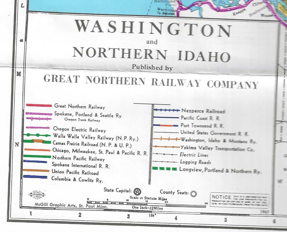 Vintage Great Northern Wash.-Idaho Railroad Map, 38″ x 24″, Original Envelope