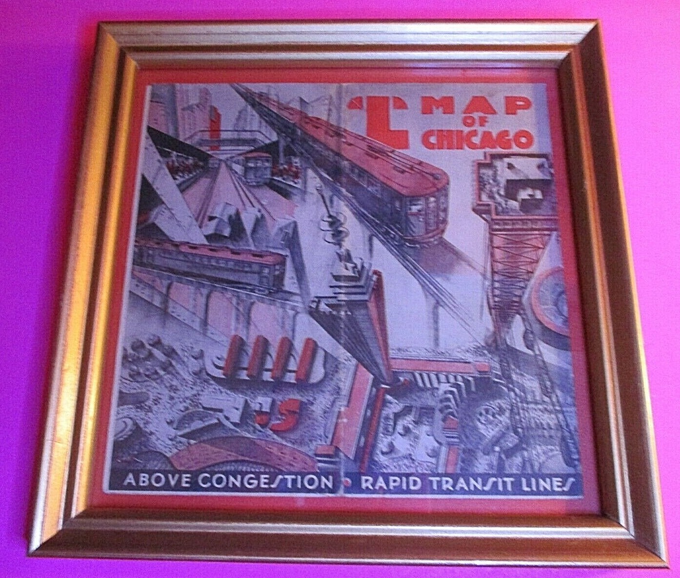 1933 Vintage Chicago Worlds Fair, Rapid Transit Lines Map “L” Train Guide Framed