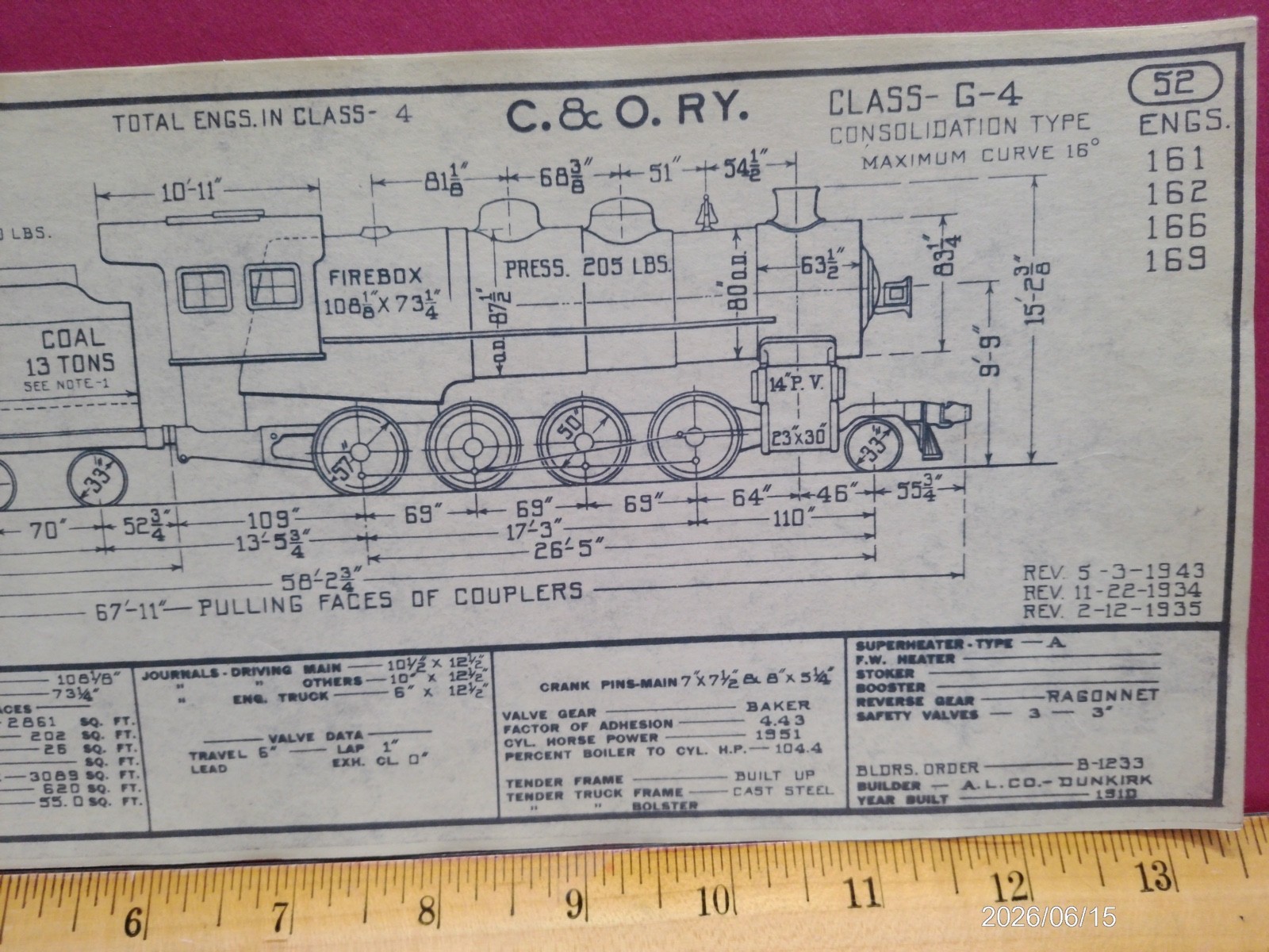 CHESAPEAKE & OHIO RAILROAD ORIG PRINTED DIAGRAM CLASS G-4 LOCOMOTIVE #161-169