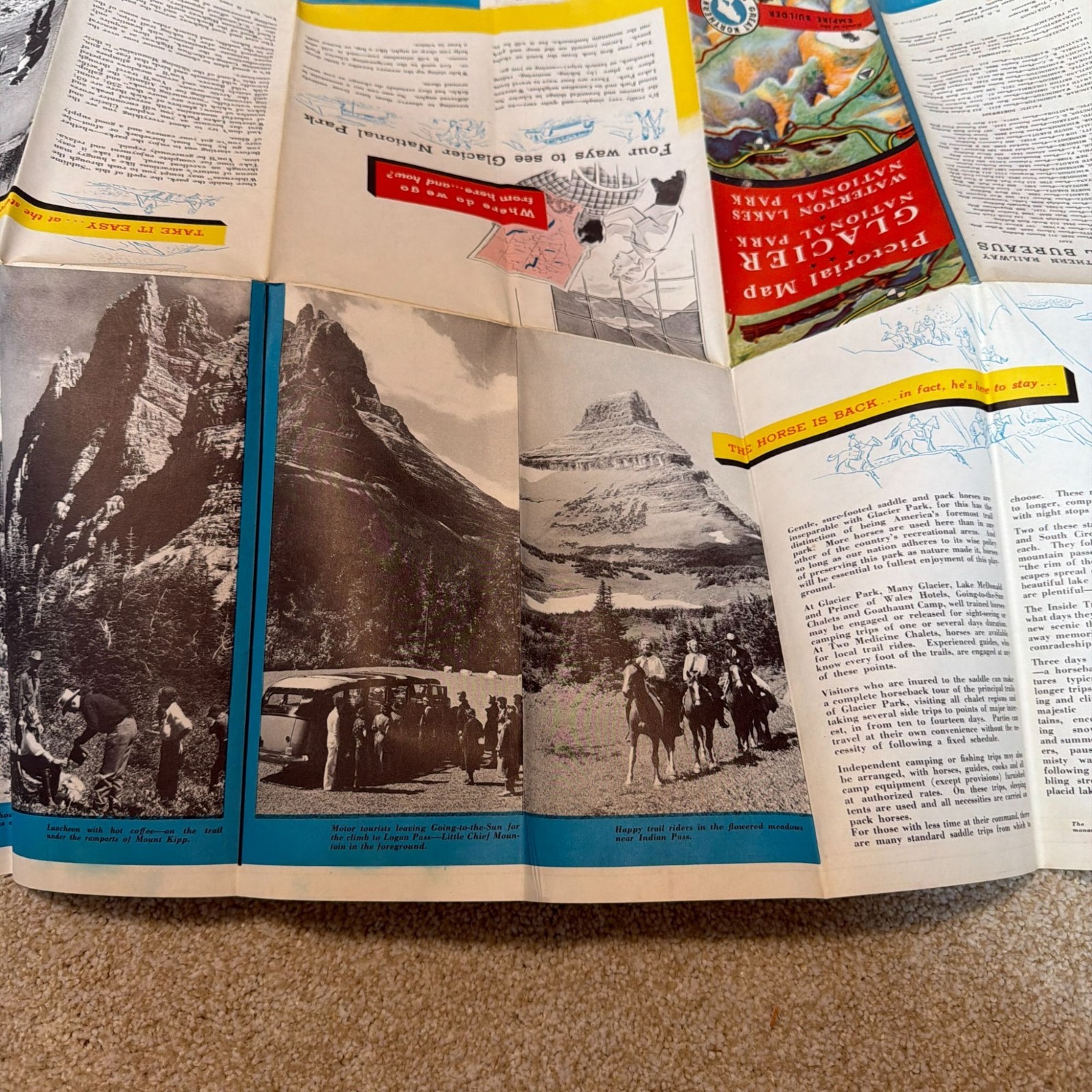 Vintage 1939 Great Northern Railway Pictorial Map Glacier National Park Waterton