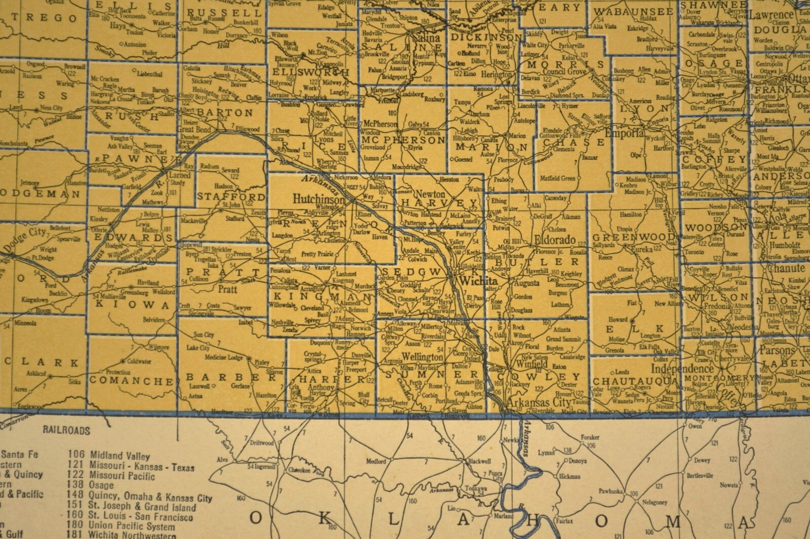 ca1939 KANSAS Railroad Map Depot Towns UP RR Historic Original Atlas Map