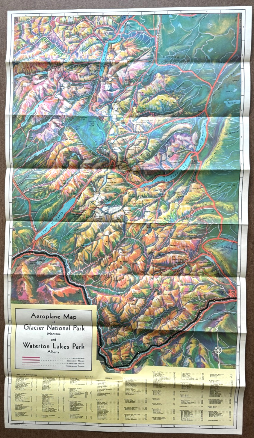Vintage ca 1930s Great Northern Railway Aeroplane Map of Glacier National Park