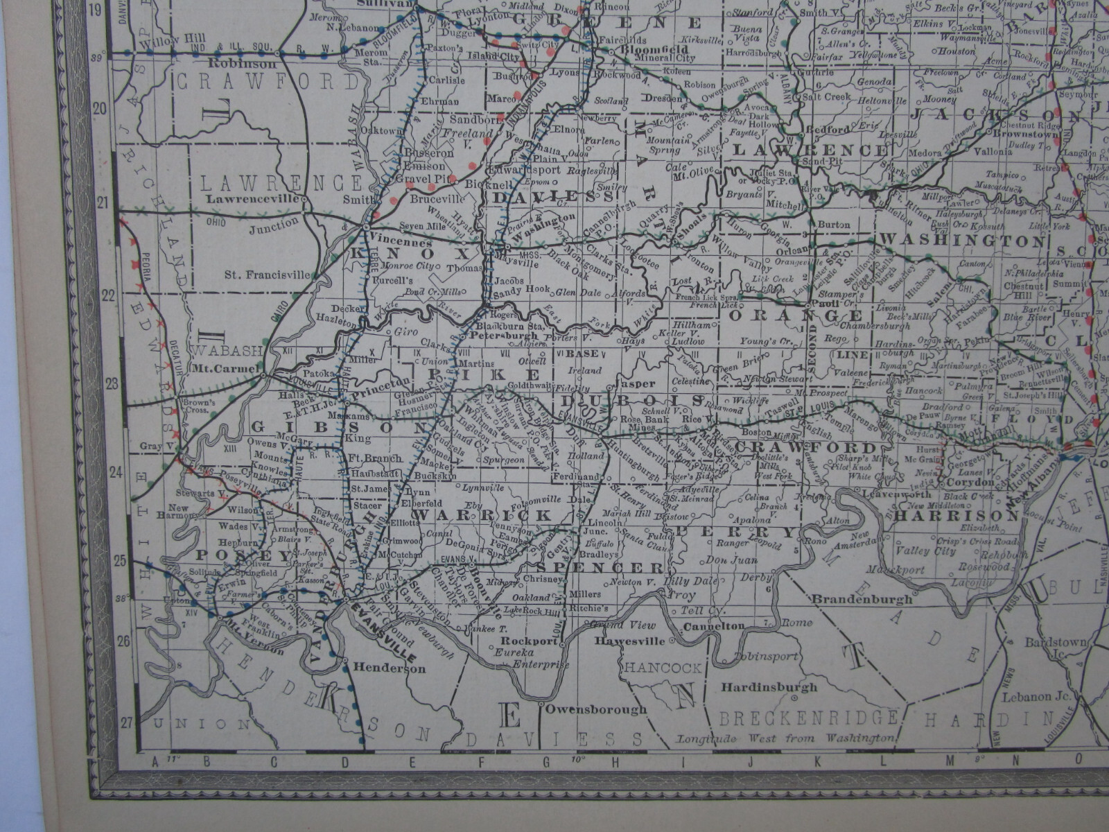 IN Antique DATED 1887 INDIANA RAILROAD Map. McNally Business