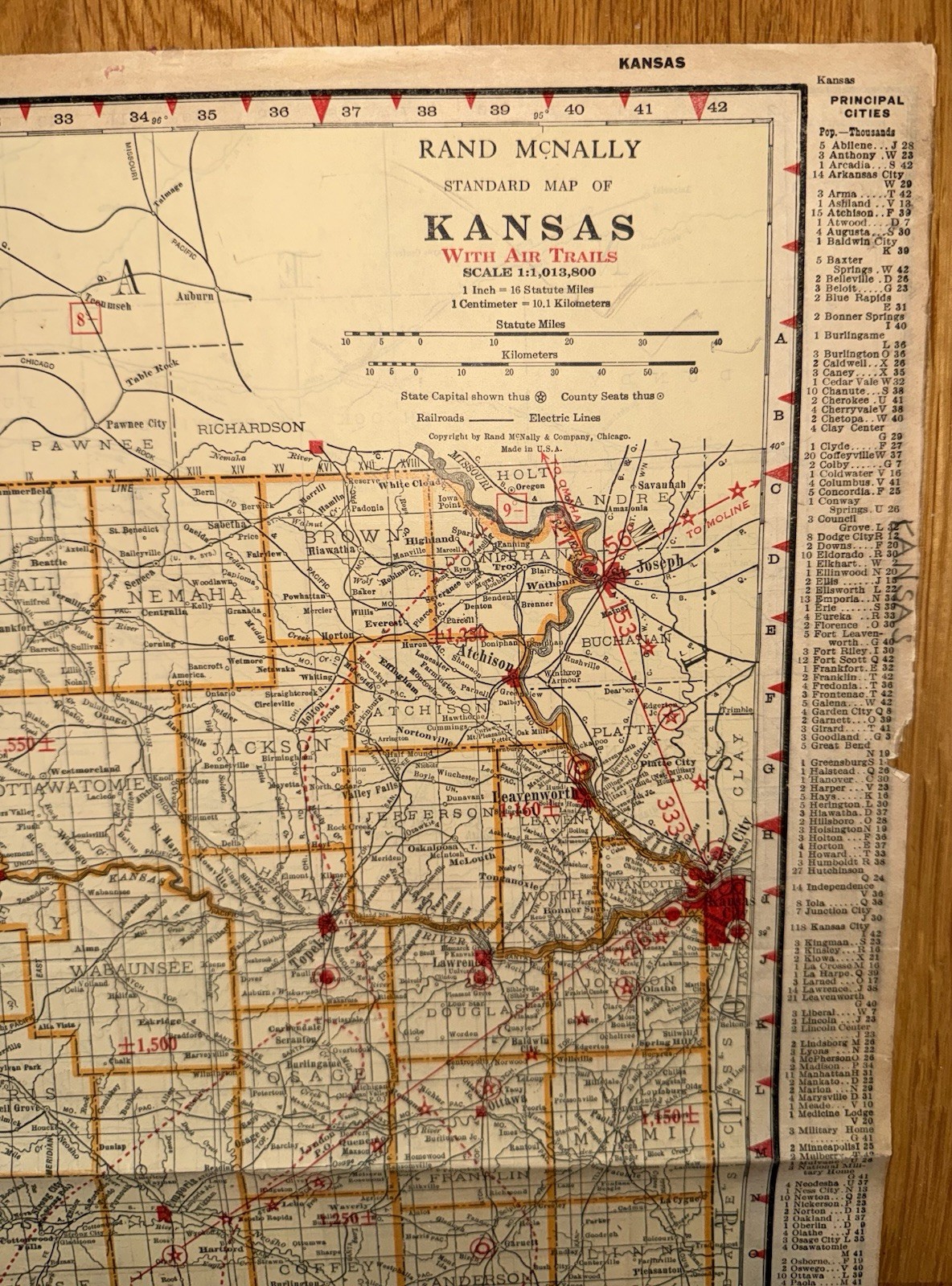 C.1920’s Era Rand McNally Map Of Kansas Air Trails & Railroads 2 Sided Very Rare